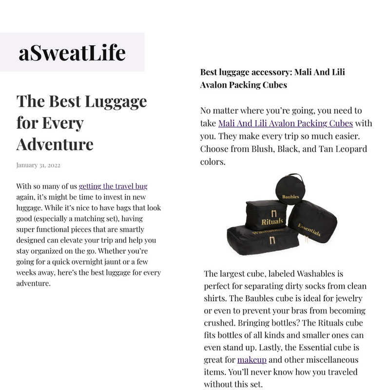 Mali + Lili featured in A Sweat Life, The Best Luggage for Every Adventure
